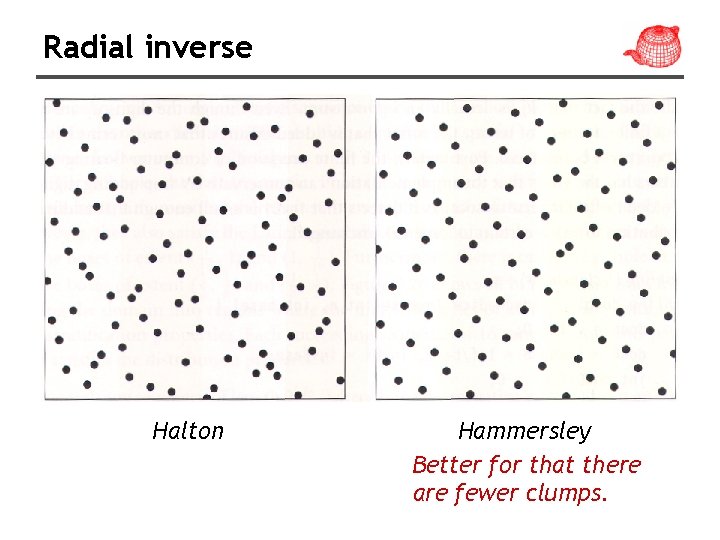 Radial inverse Halton Hammersley Better for that there are fewer clumps. 