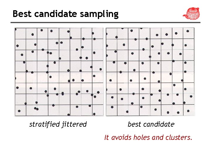 Best candidate sampling stratified jittered best candidate It avoids holes and clusters. 