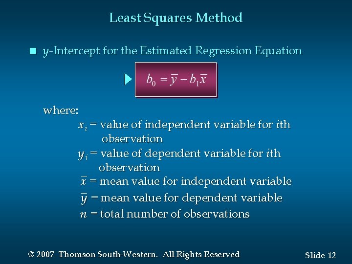 Least Squares Method n y -Intercept for the Estimated Regression Equation where: xi =