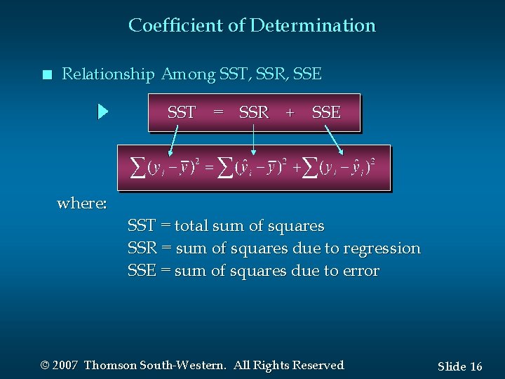 Coefficient of Determination n Relationship Among SST, SSR, SSE SST = SSR + SSE