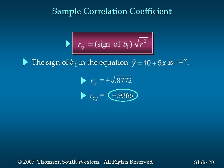 Sample Correlation Coefficient The sign of b 1 in the equation is “+”. rxy