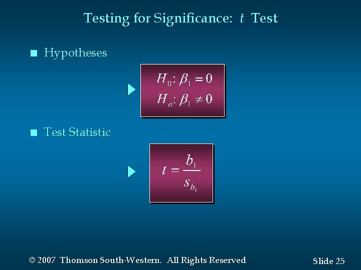 Testing for Significance: t Test n Hypotheses n Test Statistic © 2007 Thomson South-Western.