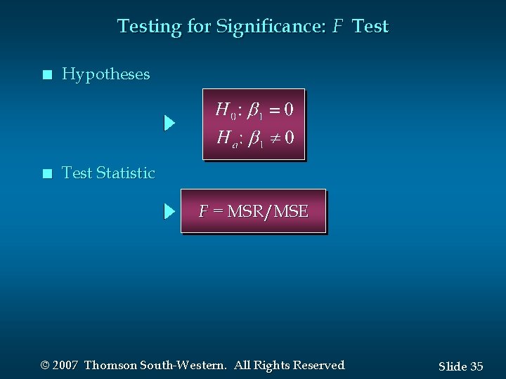 Testing for Significance: F Test n Hypotheses n Test Statistic F = MSR/MSE ©