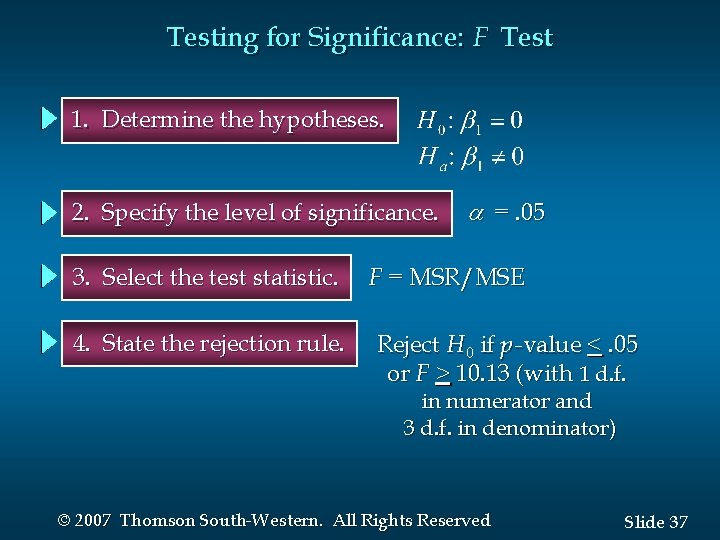 Testing for Significance: F Test 1. Determine the hypotheses. 2. Specify the level of