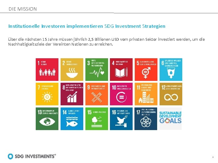 DIE MISSION Institutionelle Investoren implementieren SDG Investment Strategien Über die nächsten 15 Jahre müssen