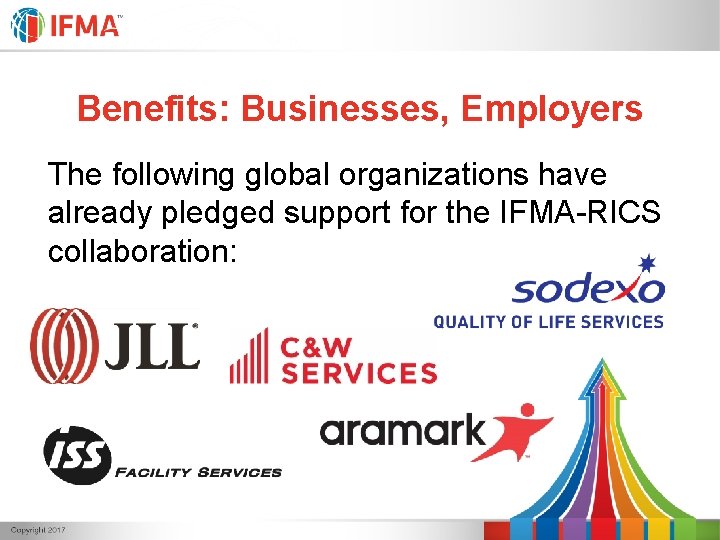 Benefits: Businesses, Employers The following global organizations have already pledged support for the IFMA-RICS Benefits: Businesses, Employers The following global organizations have already pledged support for the IFMA-RICS