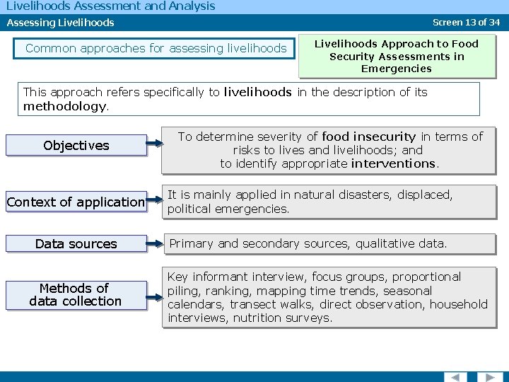 Livelihoods Assessment and Analysis Assessing Livelihoods Screen 13 of 34 Common approaches for assessing