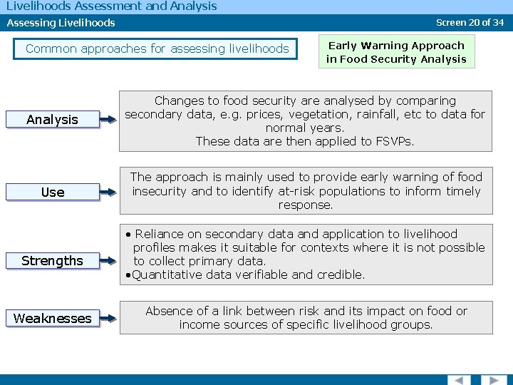 Livelihoods Assessment and Analysis Assessing Livelihoods Screen 20 of 34 Common approaches for assessing