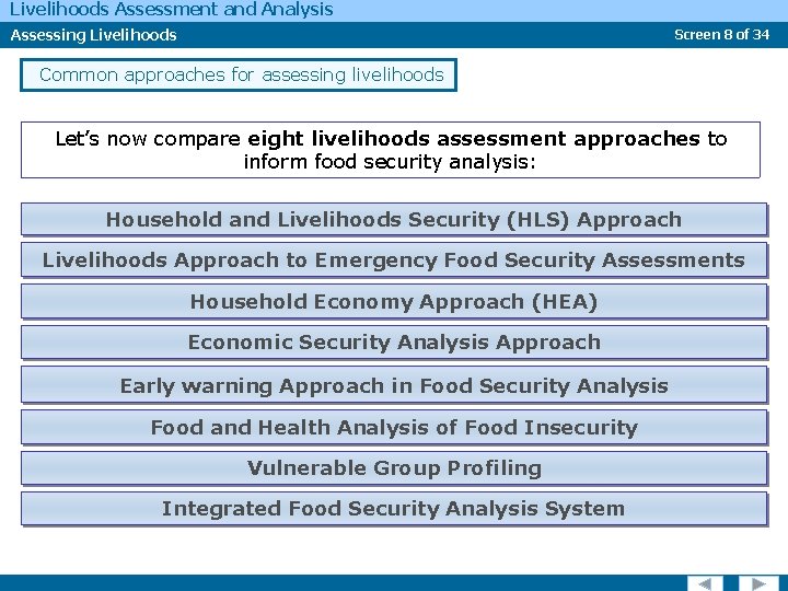 Livelihoods Assessment and Analysis Assessing Livelihoods Screen 8 of 34 Common approaches for assessing