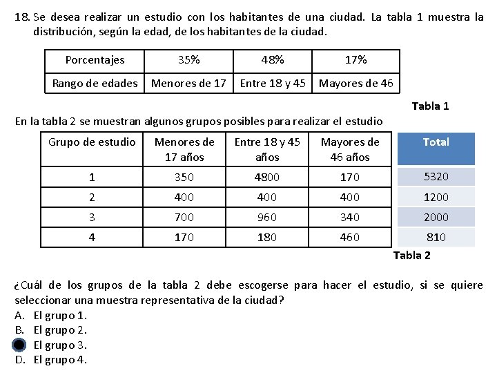 18. Se desea realizar un estudio con los habitantes de una ciudad. La tabla