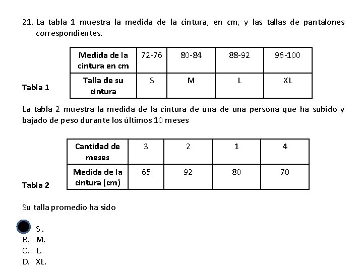 21. La tabla 1 muestra la medida de la cintura, en cm, y las