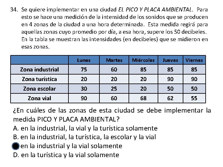 34. Se quiere implementar en una ciudad EL PICO Y PLACA AMBIENTAL. Para esto