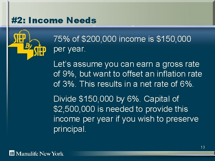 #2: Income Needs 75% of $200, 000 income is $150, 000 per year. Let’s