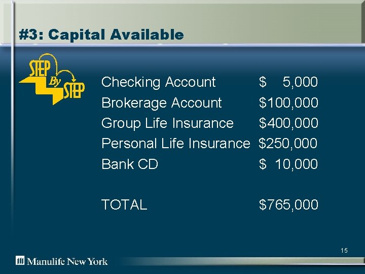 #3: Capital Available Checking Account Brokerage Account Group Life Insurance Personal Life Insurance Bank #3: Capital Available Checking Account Brokerage Account Group Life Insurance Personal Life Insurance Bank