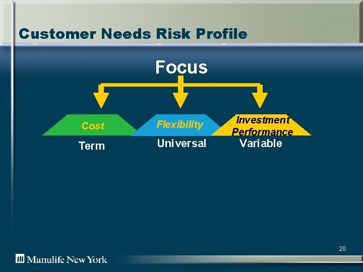 Customer Needs Risk Profile Focus Cost Flexibility Term Universal Investment Performance Variable 20 