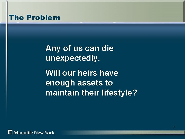 The Problem Any of us can die unexpectedly. Will our heirs have enough assets