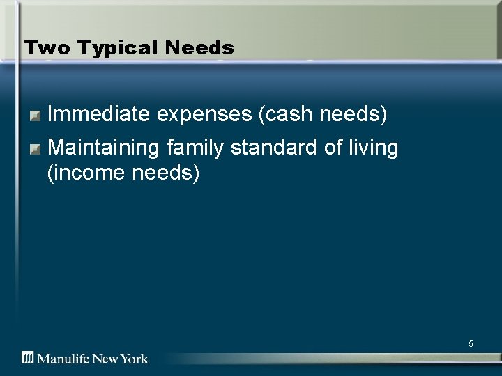 Two Typical Needs Immediate expenses (cash needs) Maintaining family standard of living (income needs)