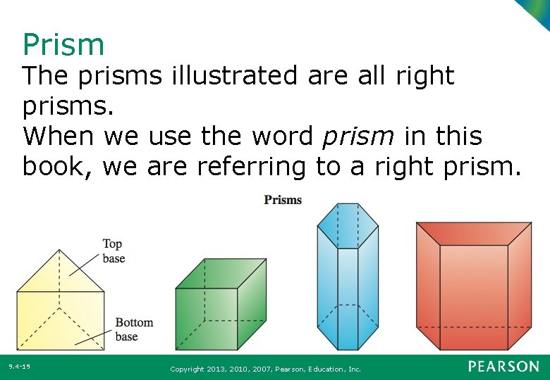 Prism The prisms illustrated are all right prisms. When we use the word prism