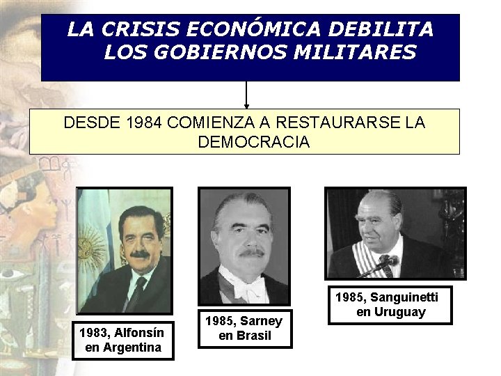 LA CRISIS ECONÓMICA DEBILITA LOS GOBIERNOS MILITARES DESDE 1984 COMIENZA A RESTAURARSE LA DEMOCRACIA