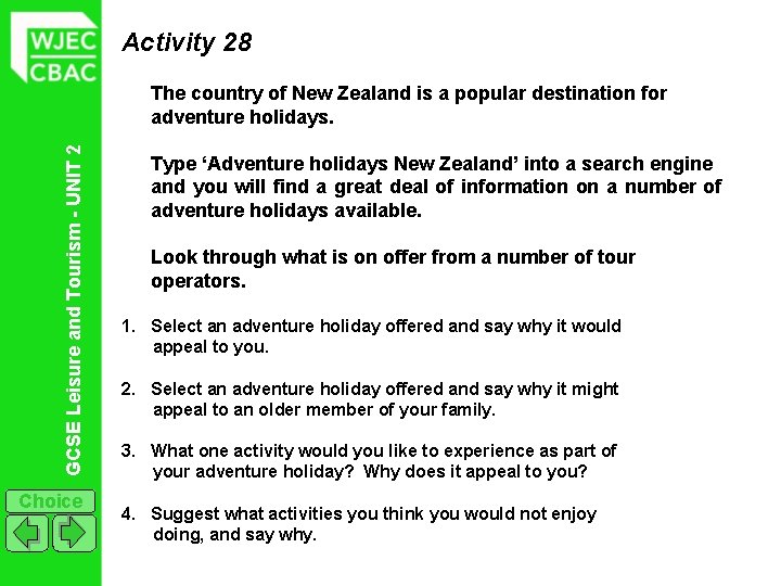 Activity 28 GCSE Leisure and Tourism - UNIT 2 The country of New Zealand