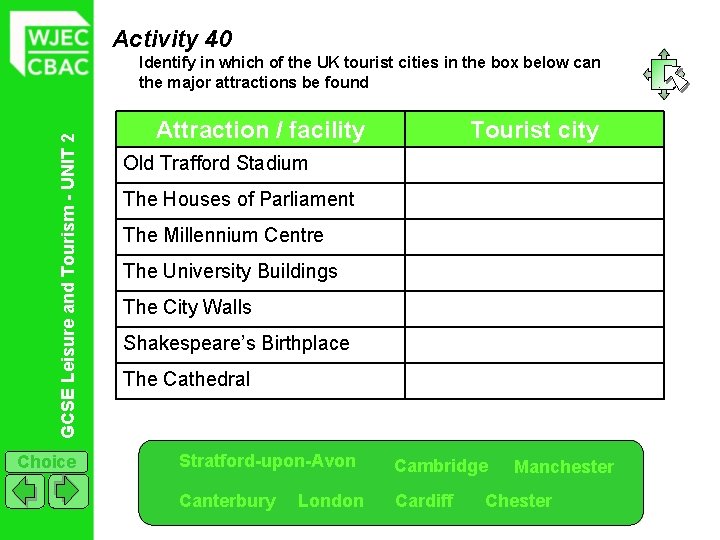 Activity 40 GCSE Leisure and Tourism - UNIT 2 Identify in which of the