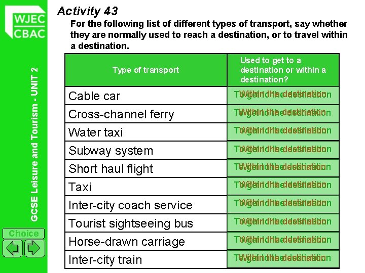 Activity 43 GCSE Leisure and Tourism - UNIT 2 For the following list of