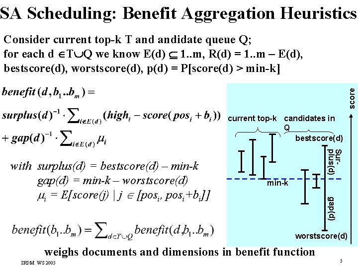 SA Scheduling: Benefit Aggregation Heuristics score Consider current top-k T andidate queue Q; for