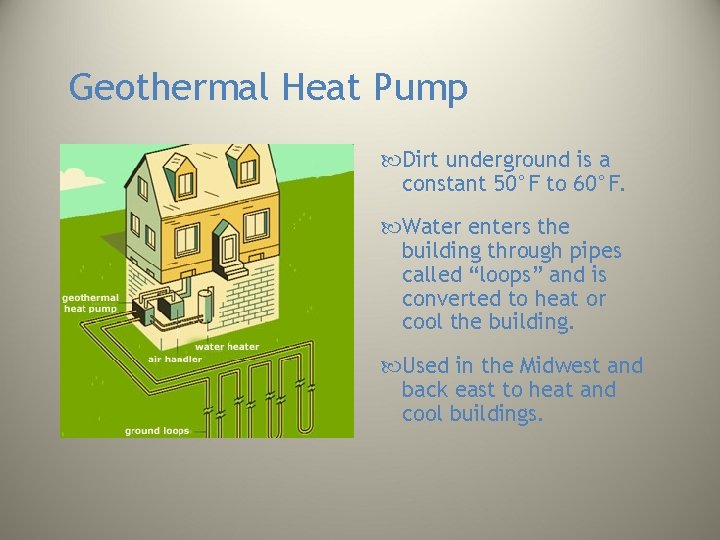 Geothermal Heat Pump Dirt underground is a constant 50°F to 60°F. Water enters the Geothermal Heat Pump Dirt underground is a constant 50°F to 60°F. Water enters the