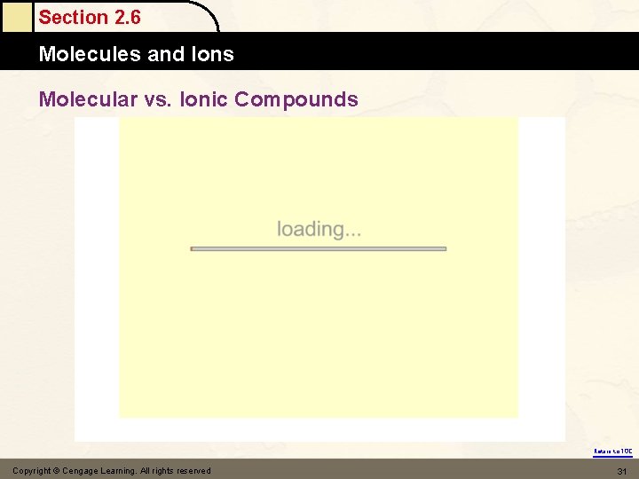 Section 2. 6 Molecules and Ions Molecular vs. Ionic Compounds Return to TOC Copyright