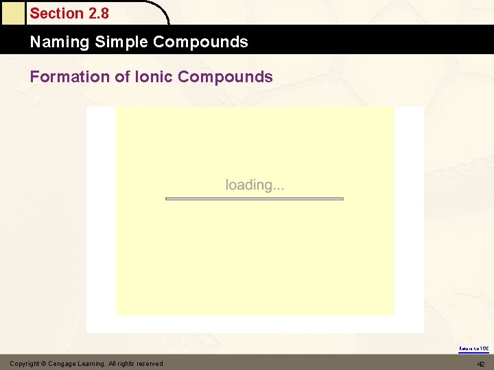 Section 2. 8 Naming Simple Compounds Formation of Ionic Compounds Return to TOC Copyright