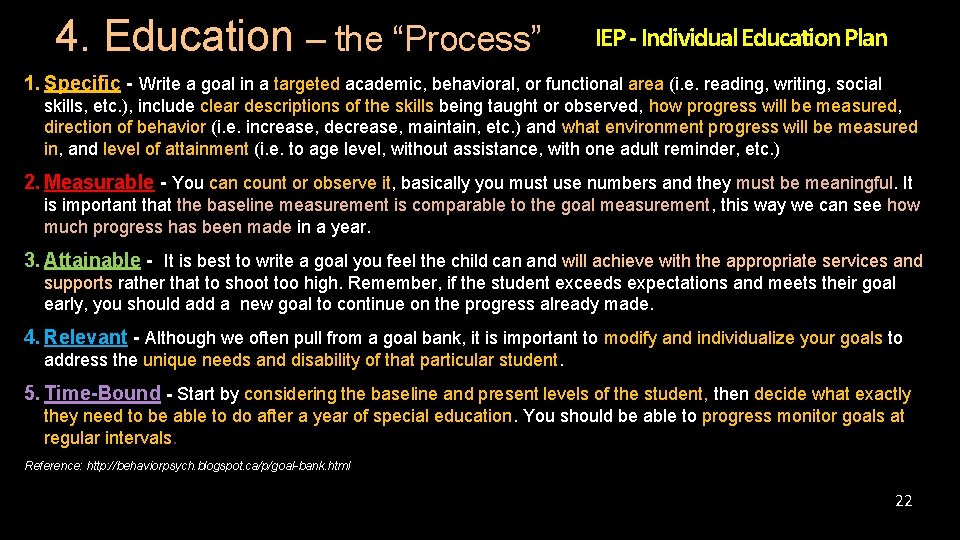 4. Education – the “Process” IEP - Individual Education Plan 1. Specific - Write 4. Education – the “Process” IEP - Individual Education Plan 1. Specific - Write