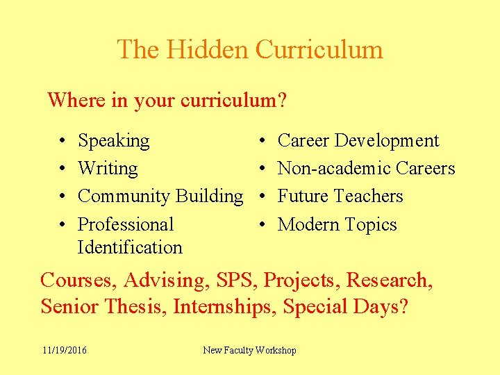 The Hidden Curriculum Where in your curriculum? • • Speaking Writing Community Building Professional