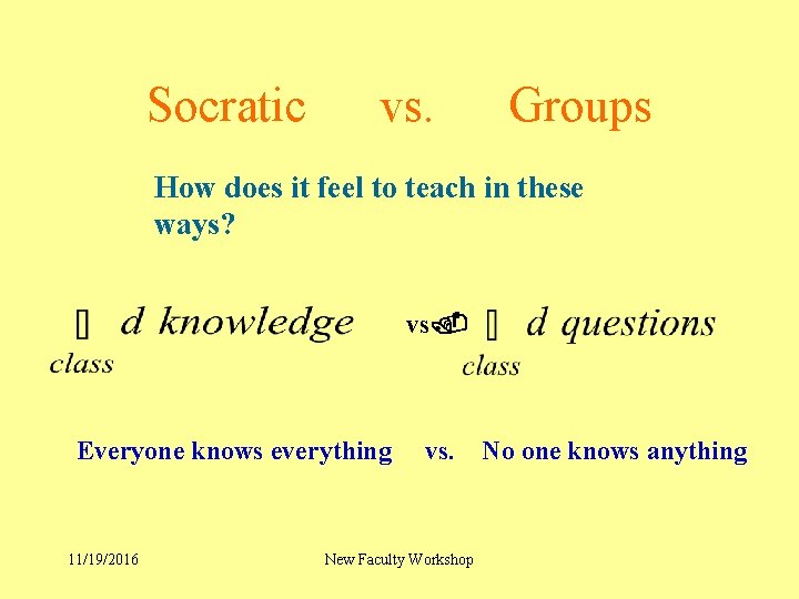Socratic vs. Groups How does it feel to teach in these ways? vs. Everyone