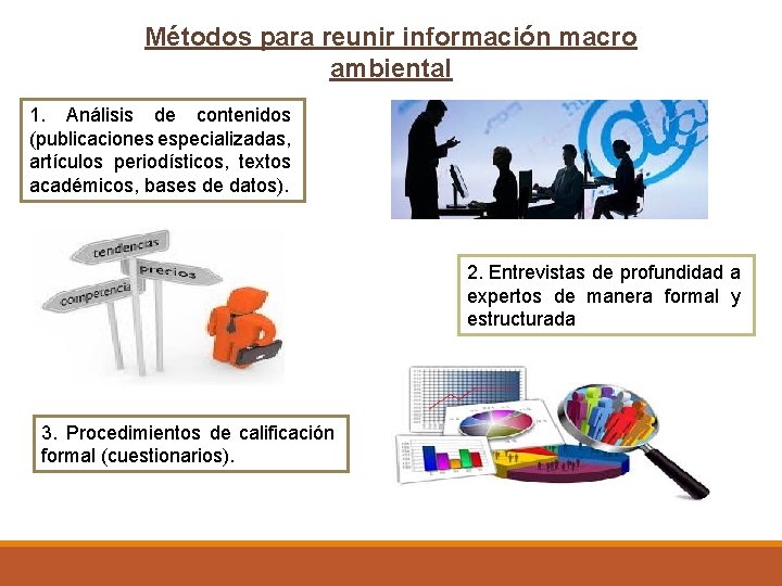 Métodos para reunir información macro ambiental 1. Análisis de contenidos (publicaciones especializadas, artículos periodísticos,