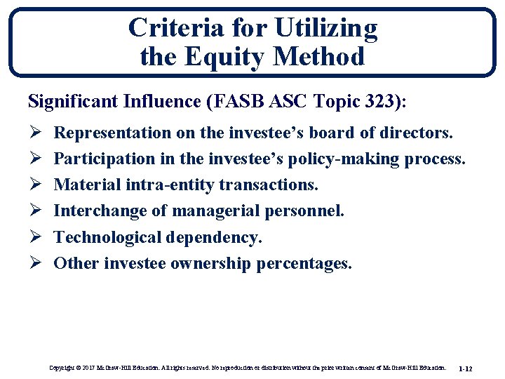 Criteria for Utilizing the Equity Method Significant Influence (FASB ASC Topic 323): Ø Ø