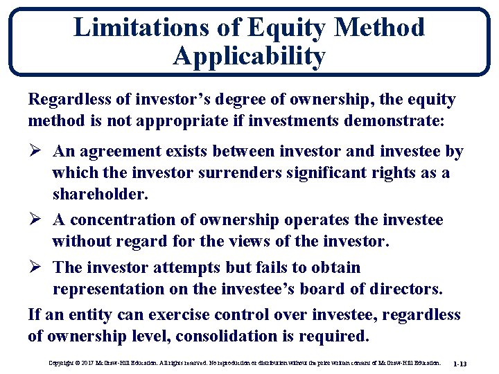 Limitations of Equity Method Applicability Regardless of investor’s degree of ownership, the equity method