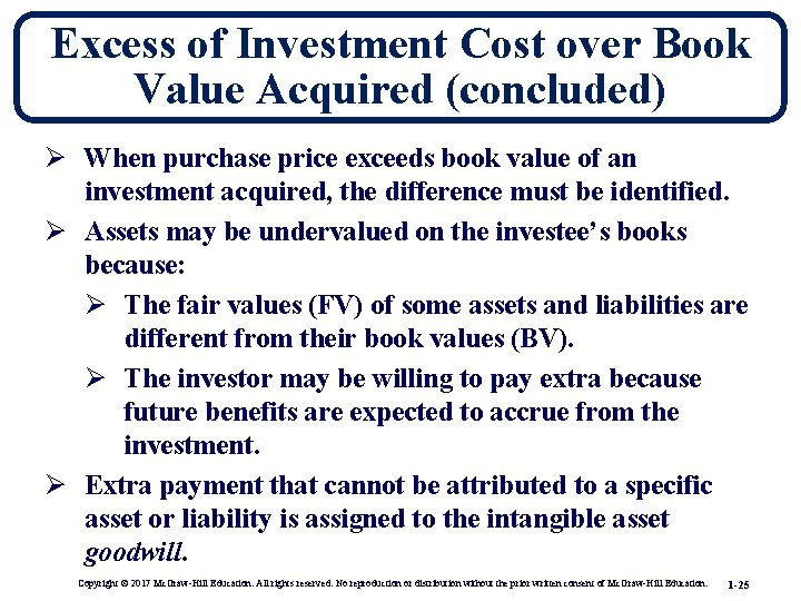 Excess of Investment Cost over Book Value Acquired (concluded) Ø When purchase price exceeds