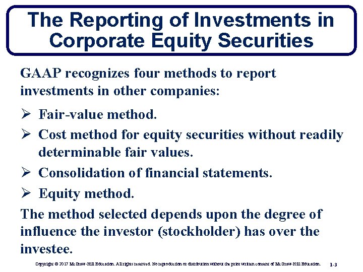 The Reporting of Investments in Corporate Equity Securities GAAP recognizes four methods to report