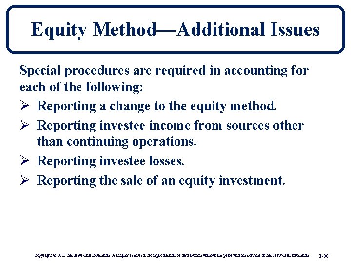 Equity Method—Additional Issues Special procedures are required in accounting for each of the following: