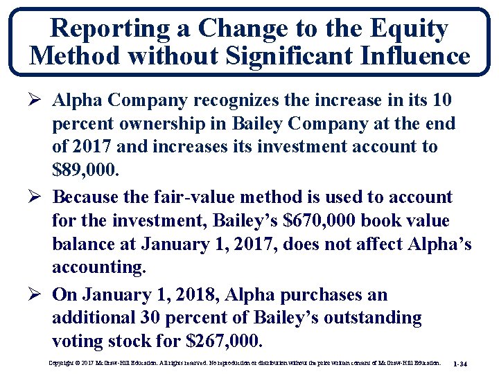 Reporting a Change to the Equity Method without Significant Influence Ø Alpha Company recognizes