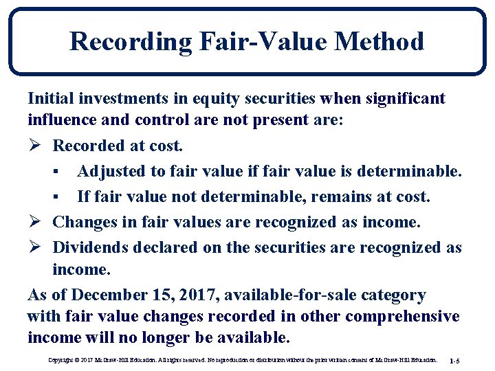 Recording Fair-Value Method Initial investments in equity securities when significant influence and control are