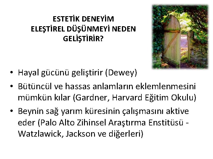 ESTETİK DENEYİM ELEŞTİREL DÜŞÜNMEYİ NEDEN GELİŞTİRİR? • Hayal gücünü geliştirir (Dewey) • Bütüncül ve