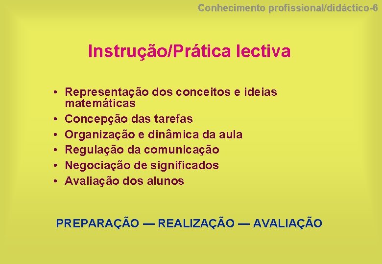 Conhecimento profissional/didáctico-6 Instrução/Prática lectiva • Representação dos conceitos e ideias matemáticas • Concepção das