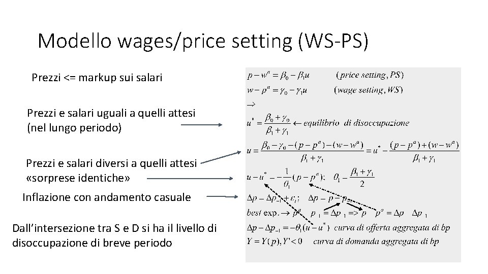 Modello wages/price setting (WS-PS) Prezzi <= markup sui salari Prezzi e salari uguali a
