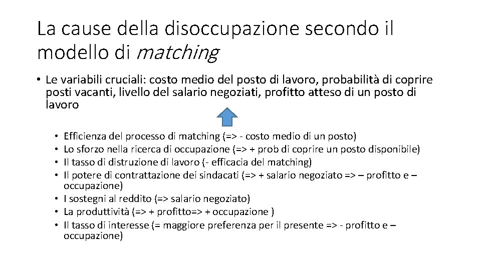 La cause della disoccupazione secondo il modello di matching • Le variabili cruciali: costo