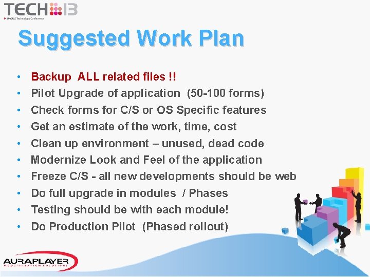 Suggested Work Plan • • • Backup ALL related files !! Pilot Upgrade of