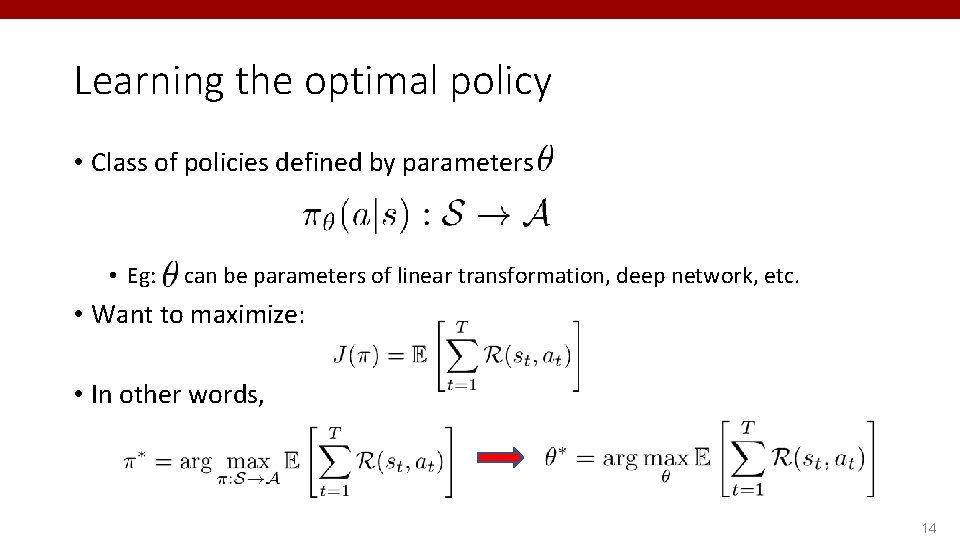 Learning the optimal policy • Class of policies defined by parameters • Eg: can