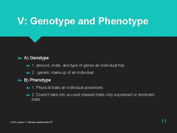 V: Genotype and Phenotype A) Genotype 1. amount, order, and type of genes an V: Genotype and Phenotype A) Genotype 1. amount, order, and type of genes an