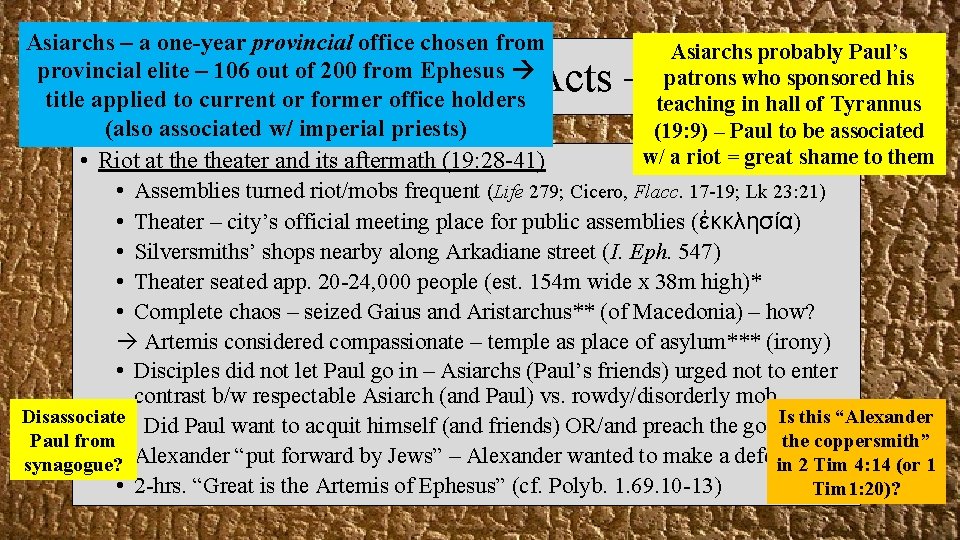 Asiarchs – a one-year provincial office chosen from Asiarchs probably Paul’s provincial elite –