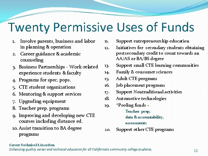 Twenty Permissive Uses of Funds 1. Involve parents, business and labor in planning &